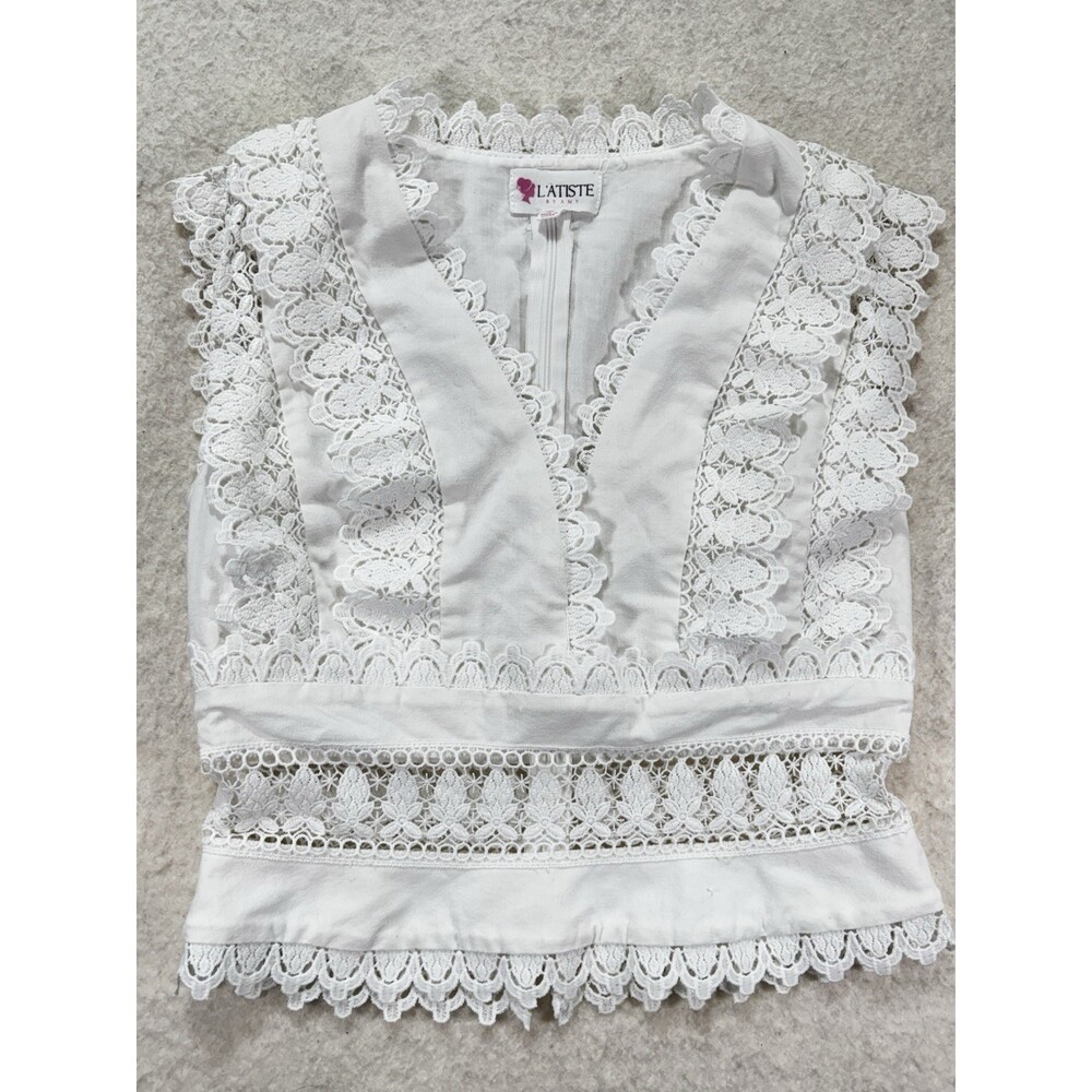 L'Atiste M White Lace Crochet V Neck Tank Boho Whimsical Romantic Resort